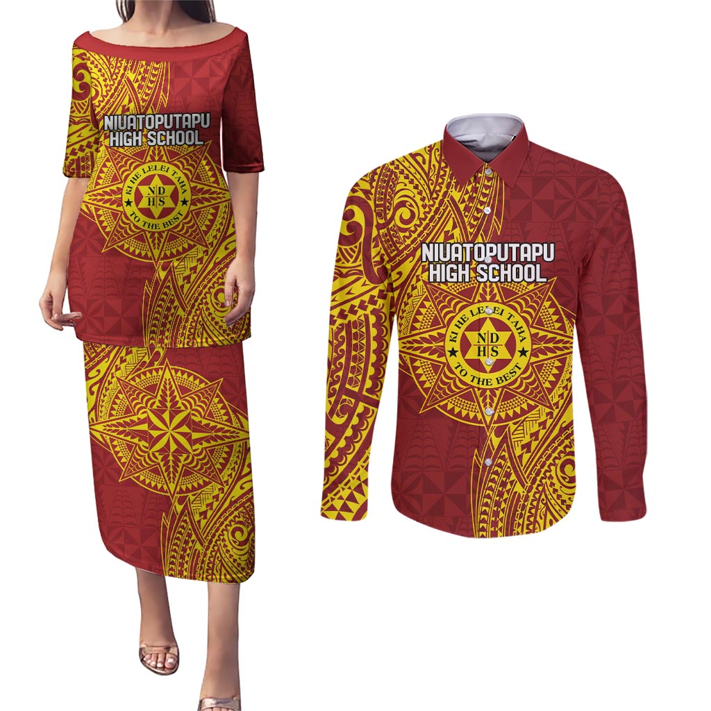Personalised Tonga Niuatoputapu High School Couples Matching Puletasi and Long Sleeve Button Shirt Special Kupesi Pattern LT9 Gold - Polynesian Pride