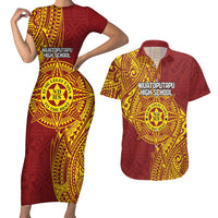 Personalised Tonga Niuatoputapu High School Couples Matching Short Sleeve Bodycon Dress and Hawaiian Shirt Special Kupesi Pattern LT9 Gold - Polynesian Pride
