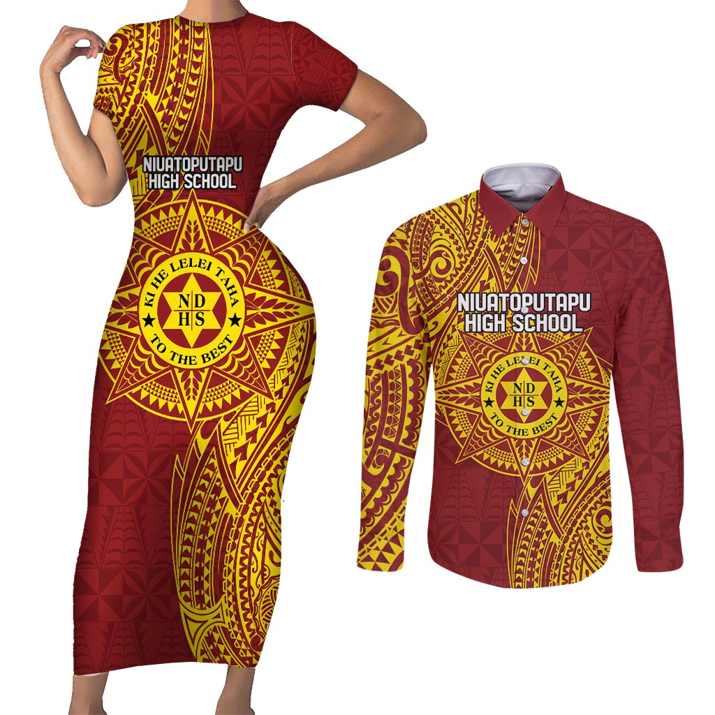 Personalised Tonga Niuatoputapu High School Couples Matching Short Sleeve Bodycon Dress and Long Sleeve Button Shirt Special Kupesi Pattern LT9 Gold - Polynesian Pride