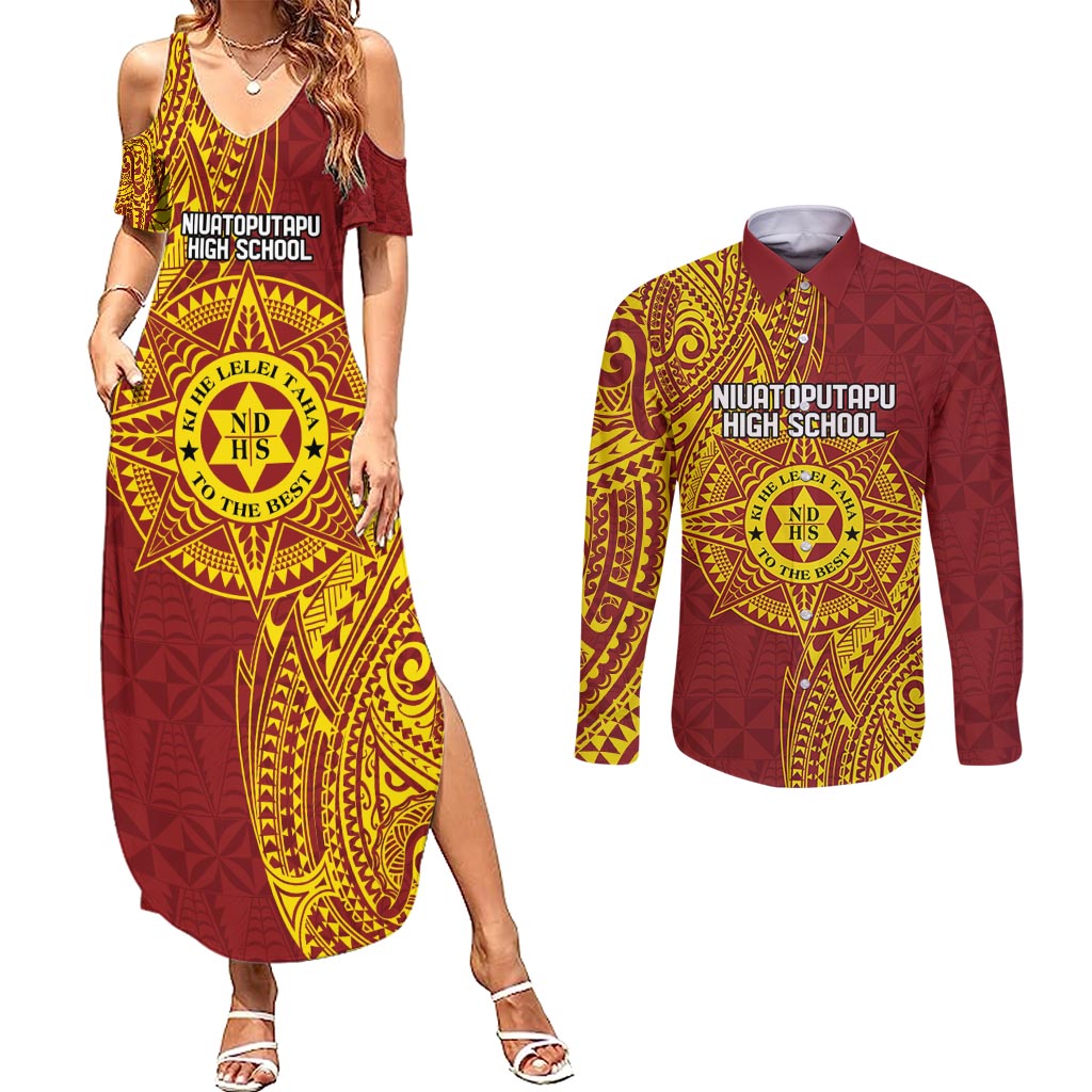 Personalised Tonga Niuatoputapu High School Couples Matching Summer Maxi Dress and Long Sleeve Button Shirt Special Kupesi Pattern LT9 Gold - Polynesian Pride