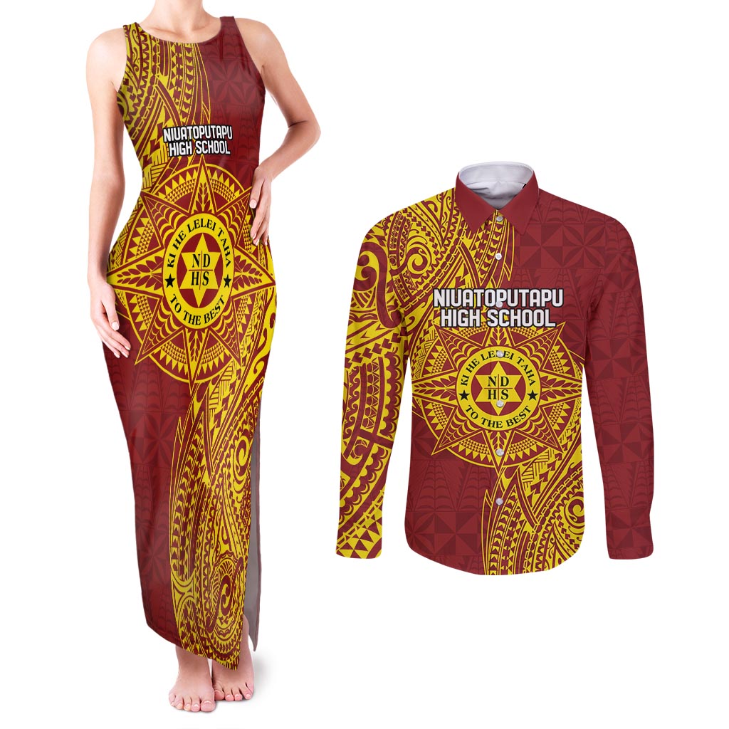 Personalised Tonga Niuatoputapu High School Couples Matching Tank Maxi Dress and Long Sleeve Button Shirt Special Kupesi Pattern LT9 Gold - Polynesian Pride