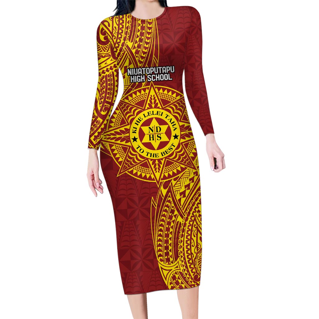 Personalised Tonga Niuatoputapu High School Family Matching Long Sleeve Bodycon Dress and Hawaiian Shirt Special Kupesi Pattern LT9 Mom's Dress Gold - Polynesian Pride