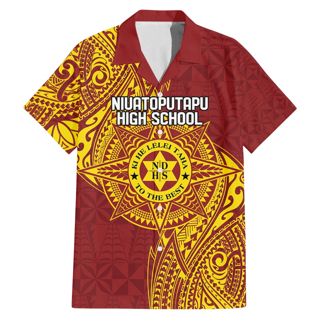 Personalised Tonga Niuatoputapu High School Family Matching Mermaid Dress and Hawaiian Shirt Special Kupesi Pattern LT9 Dad's Shirt - Short Sleeve Gold - Polynesian Pride