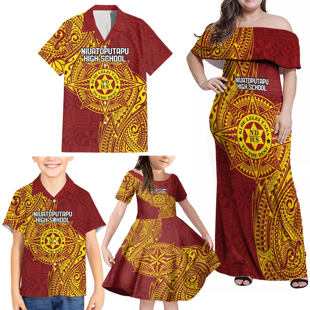 Personalised Tonga Niuatoputapu High School Family Matching Off Shoulder Maxi Dress and Hawaiian Shirt Special Kupesi Pattern LT9 - Polynesian Pride