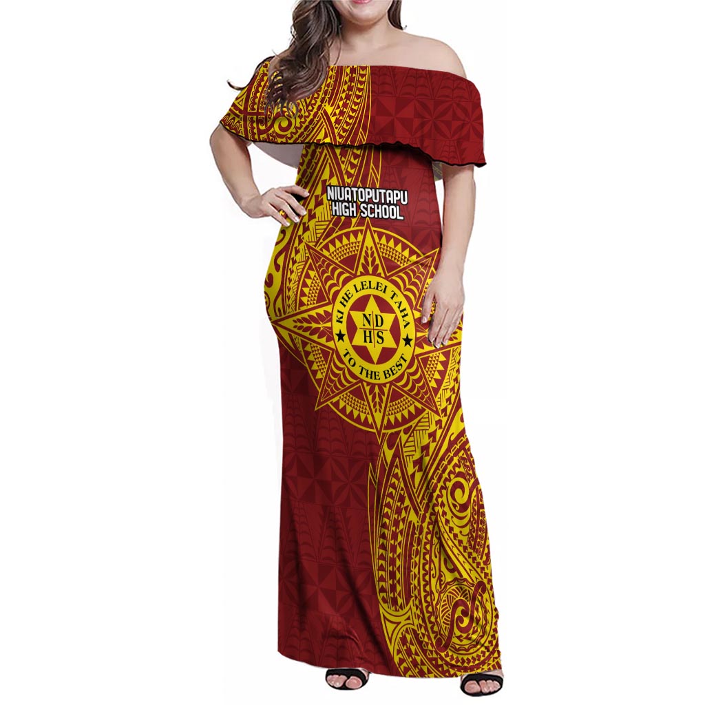 Personalised Tonga Niuatoputapu High School Family Matching Off Shoulder Maxi Dress and Hawaiian Shirt Special Kupesi Pattern LT9 Mom's Dress Gold - Polynesian Pride