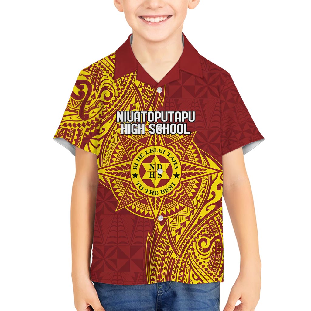 Personalised Tonga Niuatoputapu High School Family Matching Off Shoulder Maxi Dress and Hawaiian Shirt Special Kupesi Pattern LT9 Son's Shirt Gold - Polynesian Pride
