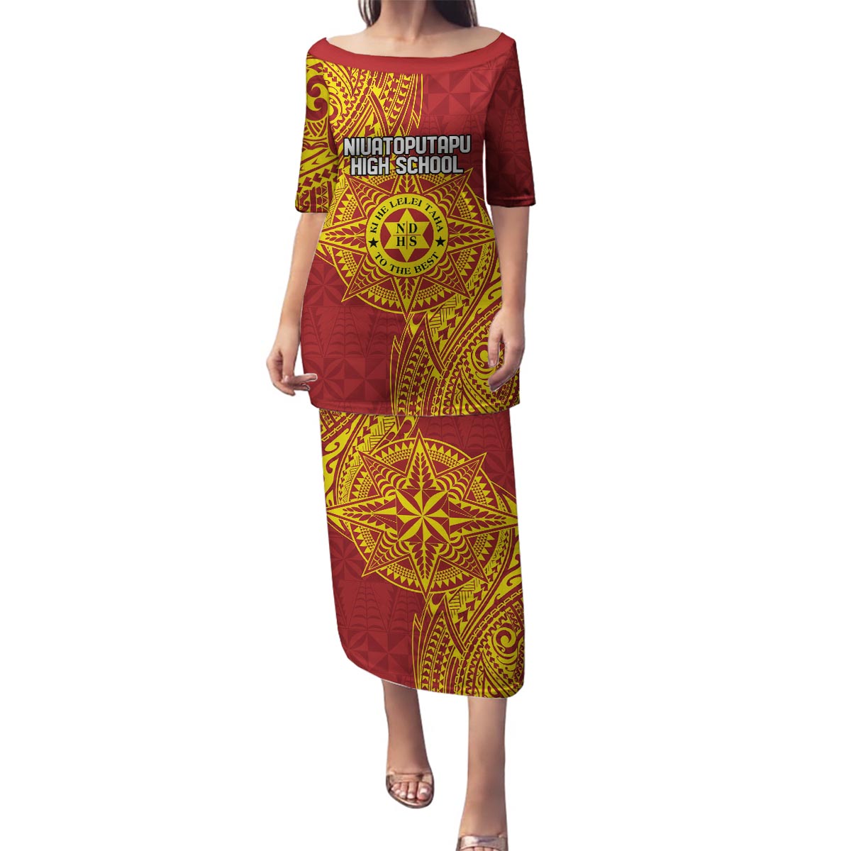 Personalised Tonga Niuatoputapu High School Family Matching Puletasi and Hawaiian Shirt Special Kupesi Pattern LT9 Mom's Dress Gold - Polynesian Pride