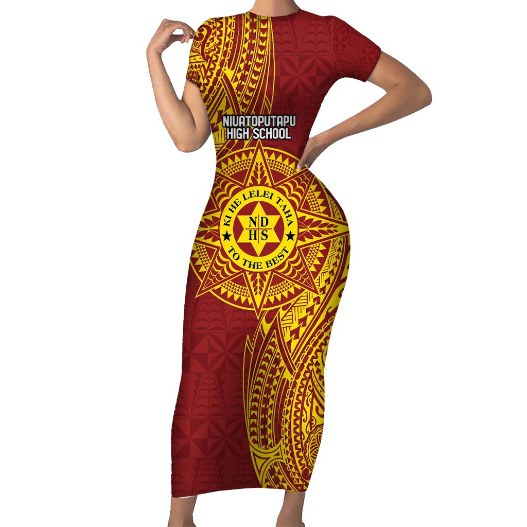 Personalised Tonga Niuatoputapu High School Family Matching Short Sleeve Bodycon Dress and Hawaiian Shirt Special Kupesi Pattern LT9 Mom's Dress Gold - Polynesian Pride