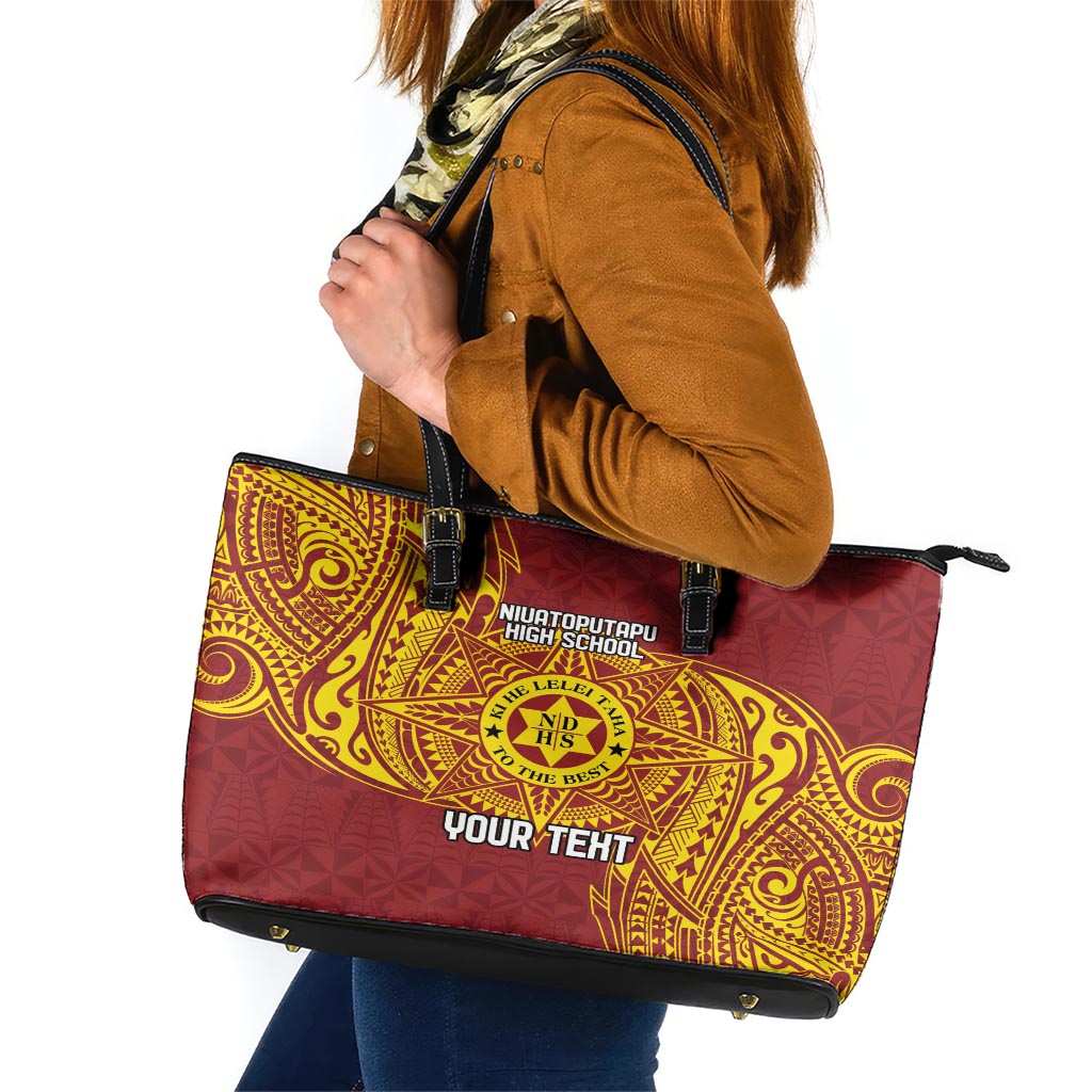 Personalised Tonga Niuatoputapu High School Leather Tote Bag Special Kupesi Pattern LT9 Gold - Polynesian Pride