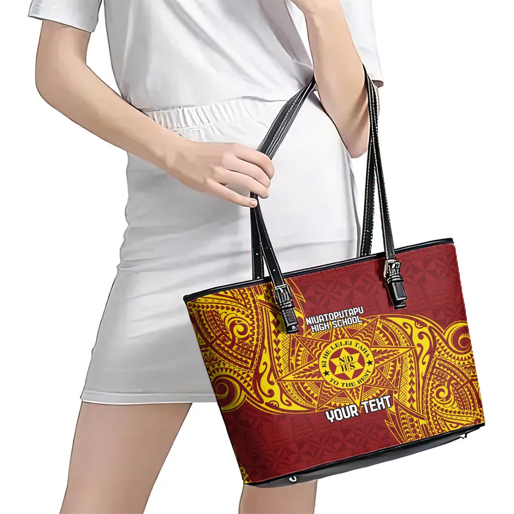 Personalised Tonga Niuatoputapu High School Leather Tote Bag Special Kupesi Pattern LT9 - Polynesian Pride