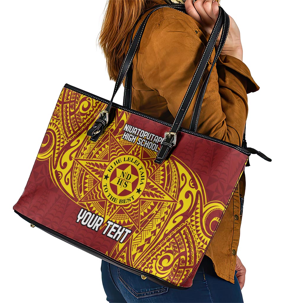 Personalised Tonga Niuatoputapu High School Leather Tote Bag Special Kupesi Pattern LT9 - Polynesian Pride