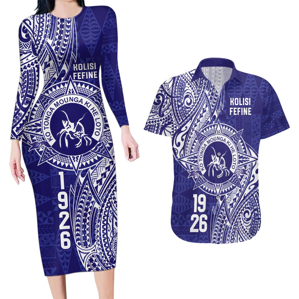 Personalised Tonga Queen Salote College Couples Matching Long Sleeve Bodycon Dress and Hawaiian Shirt Kolisi Fefine 1926 Special Kupesi Pattern LT9 Blue - Polynesian Pride