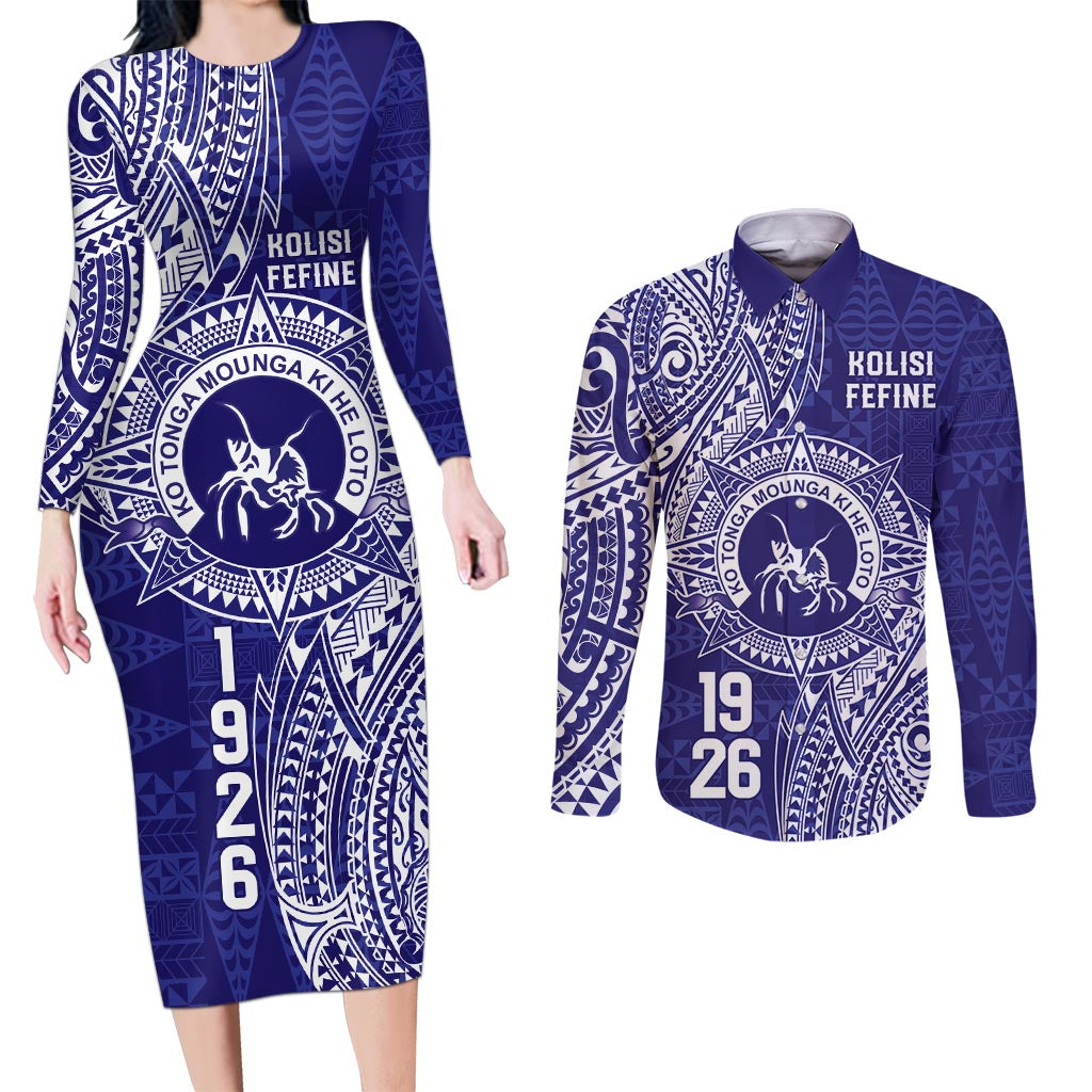 Personalised Tonga Queen Salote College Couples Matching Long Sleeve Bodycon Dress and Long Sleeve Button Shirt Kolisi Fefine 1926 Special Kupesi Pattern LT9 Blue - Polynesian Pride