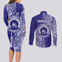 Personalised Tonga Queen Salote College Couples Matching Long Sleeve Bodycon Dress and Long Sleeve Button Shirt Kolisi Fefine 1926 Special Kupesi Pattern LT9 - Polynesian Pride