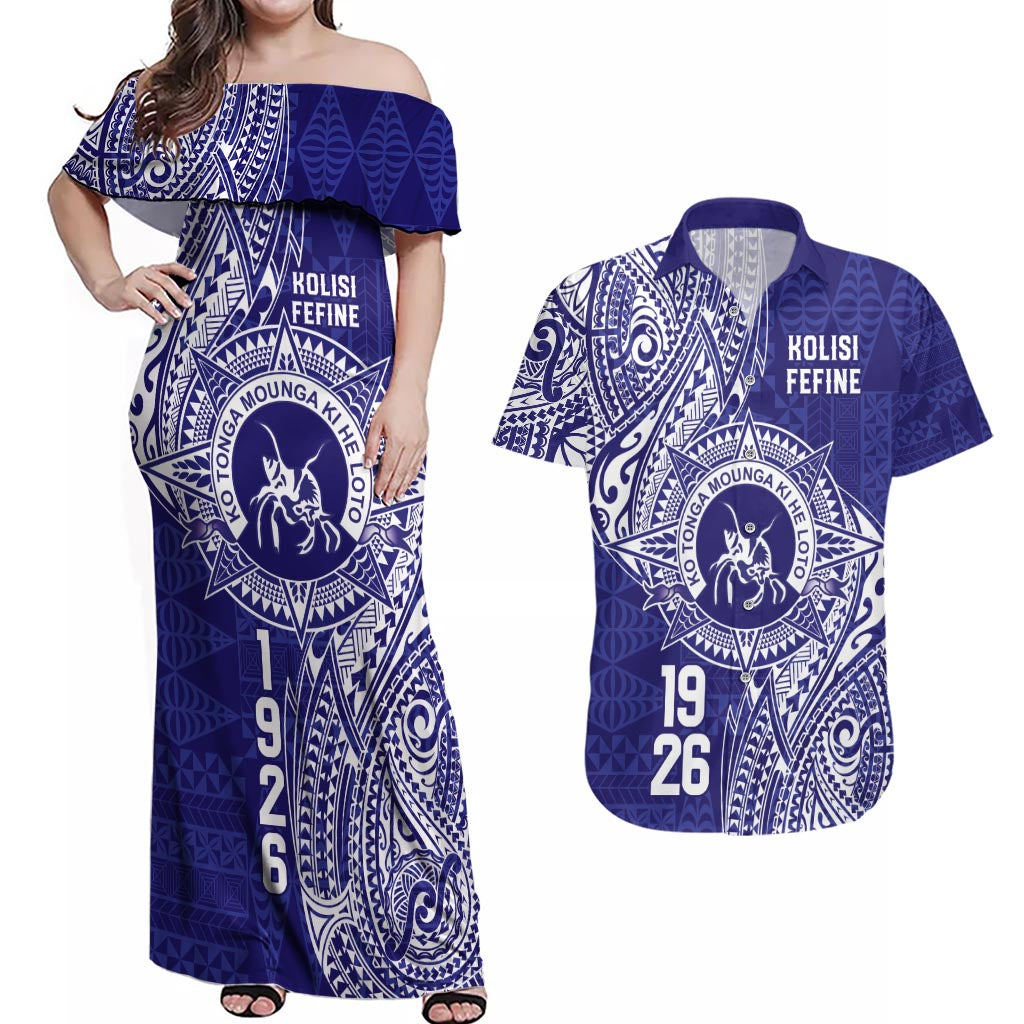 Personalised Tonga Queen Salote College Couples Matching Off Shoulder Maxi Dress and Hawaiian Shirt Kolisi Fefine 1926 Special Kupesi Pattern LT9 Blue - Polynesian Pride