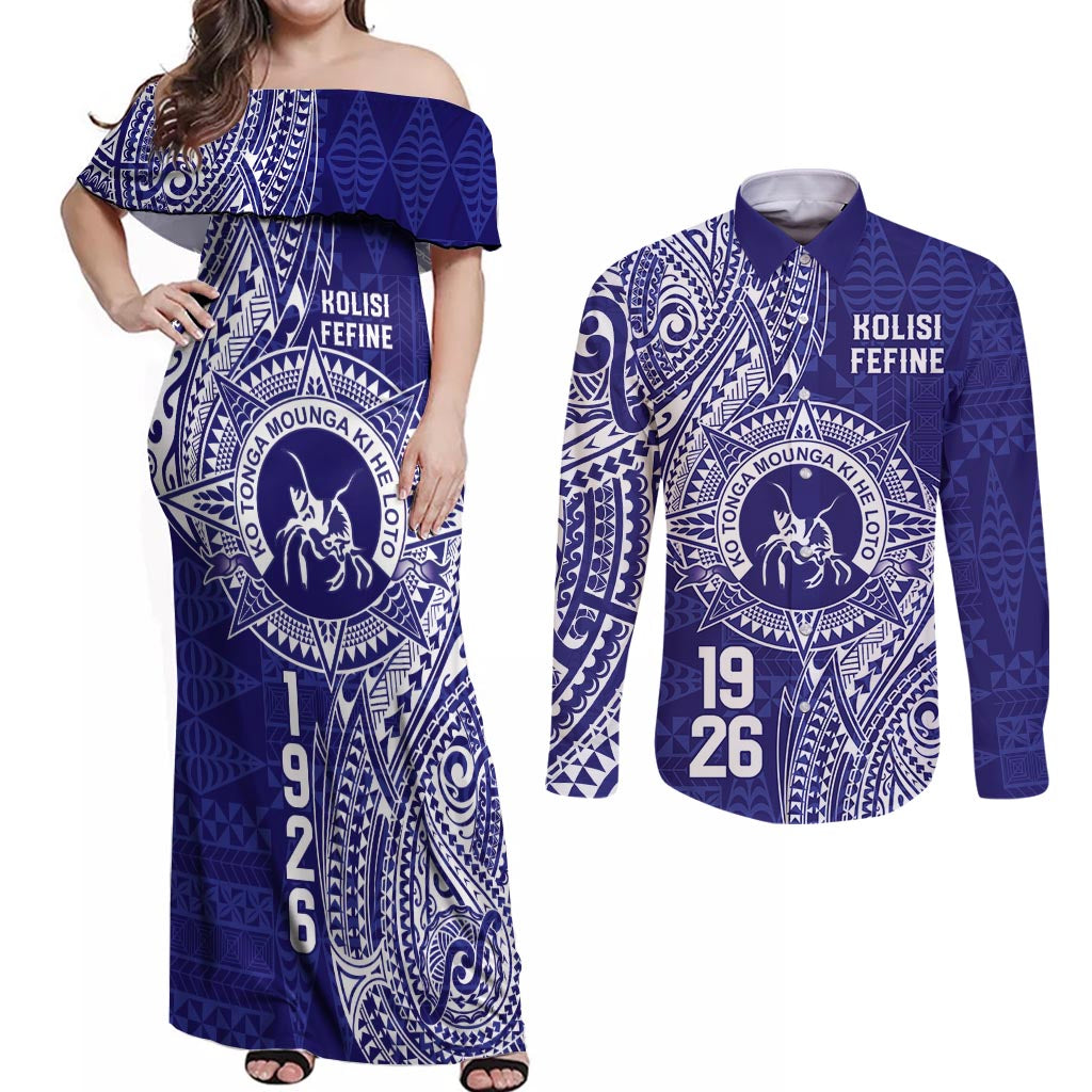 Personalised Tonga Queen Salote College Couples Matching Off Shoulder Maxi Dress and Long Sleeve Button Shirt Kolisi Fefine 1926 Special Kupesi Pattern LT9 Blue - Polynesian Pride