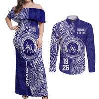 Personalised Tonga Queen Salote College Couples Matching Off Shoulder Maxi Dress and Long Sleeve Button Shirt Kolisi Fefine 1926 Special Kupesi Pattern LT9 Blue - Polynesian Pride