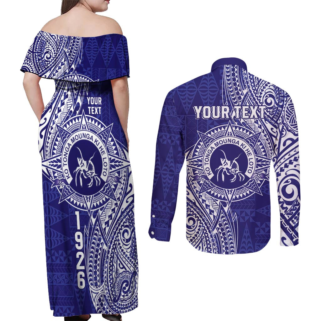 Personalised Tonga Queen Salote College Couples Matching Off Shoulder Maxi Dress and Long Sleeve Button Shirt Kolisi Fefine 1926 Special Kupesi Pattern LT9 - Polynesian Pride