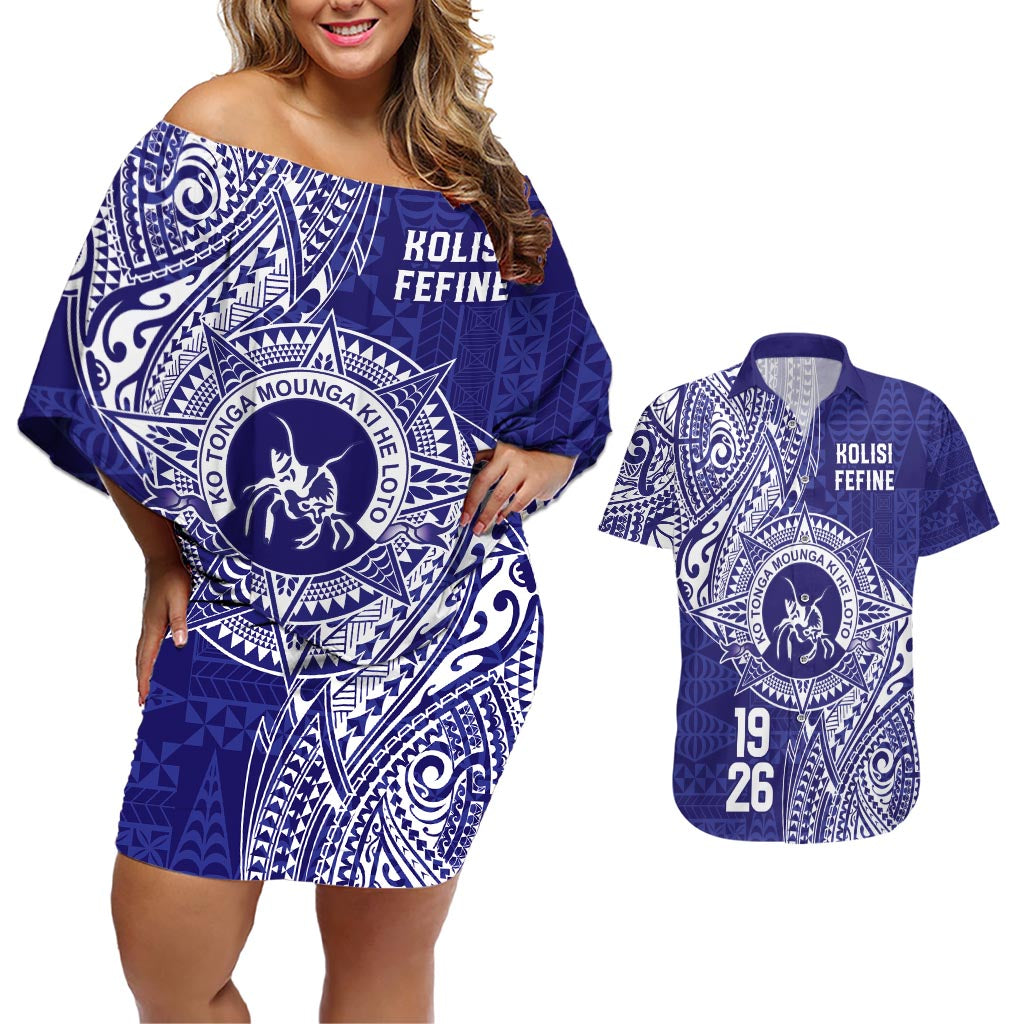 Personalised Tonga Queen Salote College Couples Matching Off Shoulder Short Dress and Hawaiian Shirt Kolisi Fefine 1926 Special Kupesi Pattern LT9 Blue - Polynesian Pride