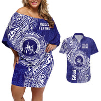 Personalised Tonga Queen Salote College Couples Matching Off Shoulder Short Dress and Hawaiian Shirt Kolisi Fefine 1926 Special Kupesi Pattern LT9 Blue - Polynesian Pride