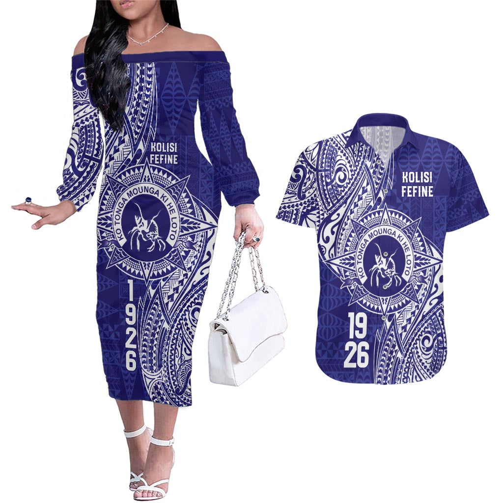 Personalised Tonga Queen Salote College Couples Matching Off The Shoulder Long Sleeve Dress and Hawaiian Shirt Kolisi Fefine 1926 Special Kupesi Pattern LT9 Blue - Polynesian Pride