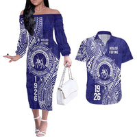 Personalised Tonga Queen Salote College Couples Matching Off The Shoulder Long Sleeve Dress and Hawaiian Shirt Kolisi Fefine 1926 Special Kupesi Pattern LT9 Blue - Polynesian Pride