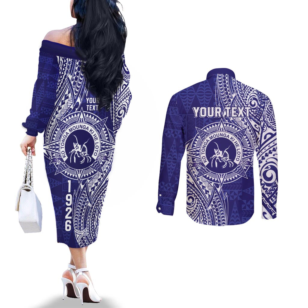 Personalised Tonga Queen Salote College Couples Matching Off The Shoulder Long Sleeve Dress and Long Sleeve Button Shirt Kolisi Fefine 1926 Special Kupesi Pattern LT9 - Polynesian Pride