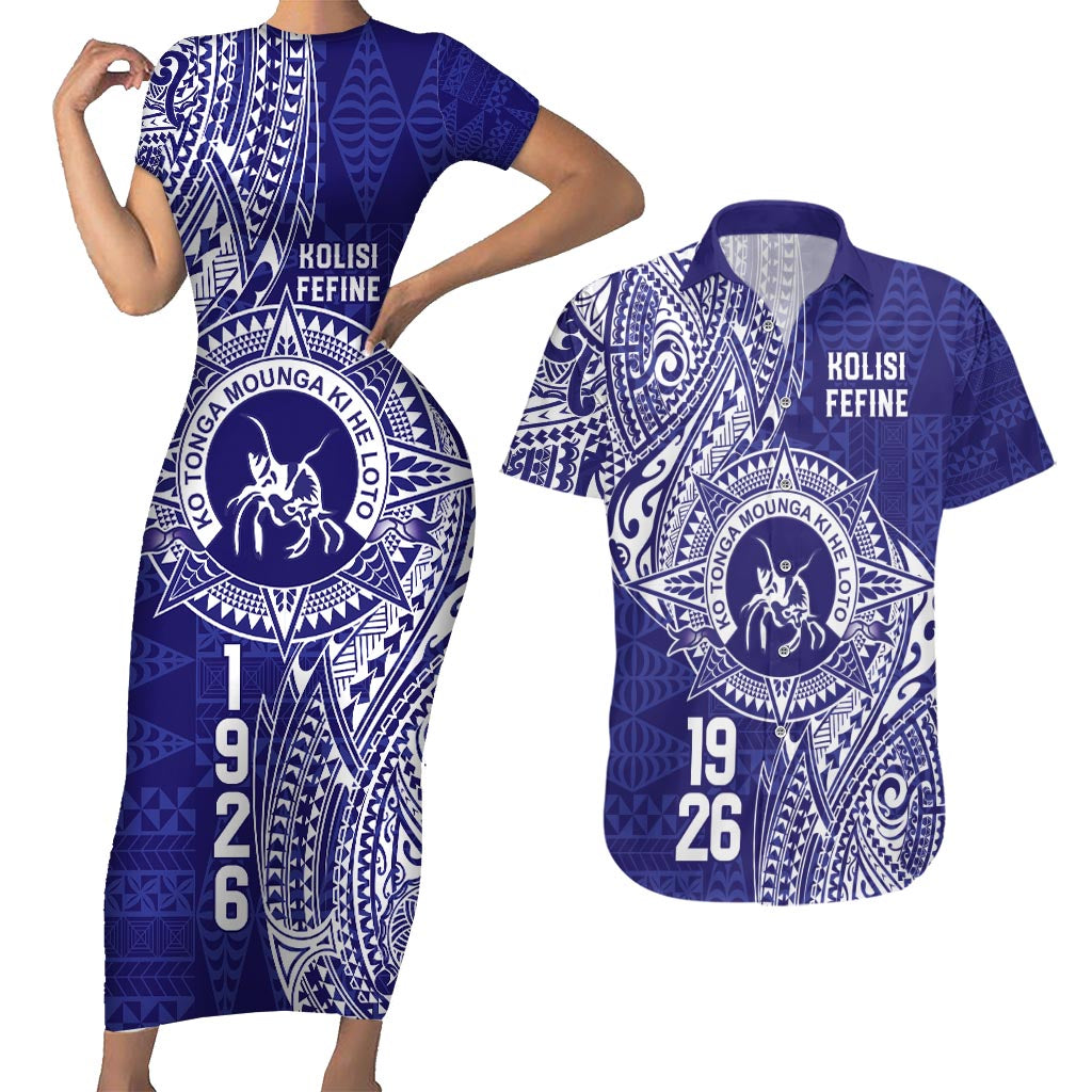 Personalised Tonga Queen Salote College Couples Matching Short Sleeve Bodycon Dress and Hawaiian Shirt Kolisi Fefine 1926 Special Kupesi Pattern LT9 Blue - Polynesian Pride