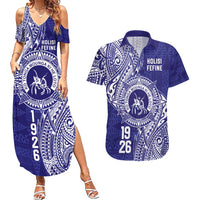 Personalised Tonga Queen Salote College Couples Matching Summer Maxi Dress and Hawaiian Shirt Kolisi Fefine 1926 Special Kupesi Pattern LT9 Blue - Polynesian Pride
