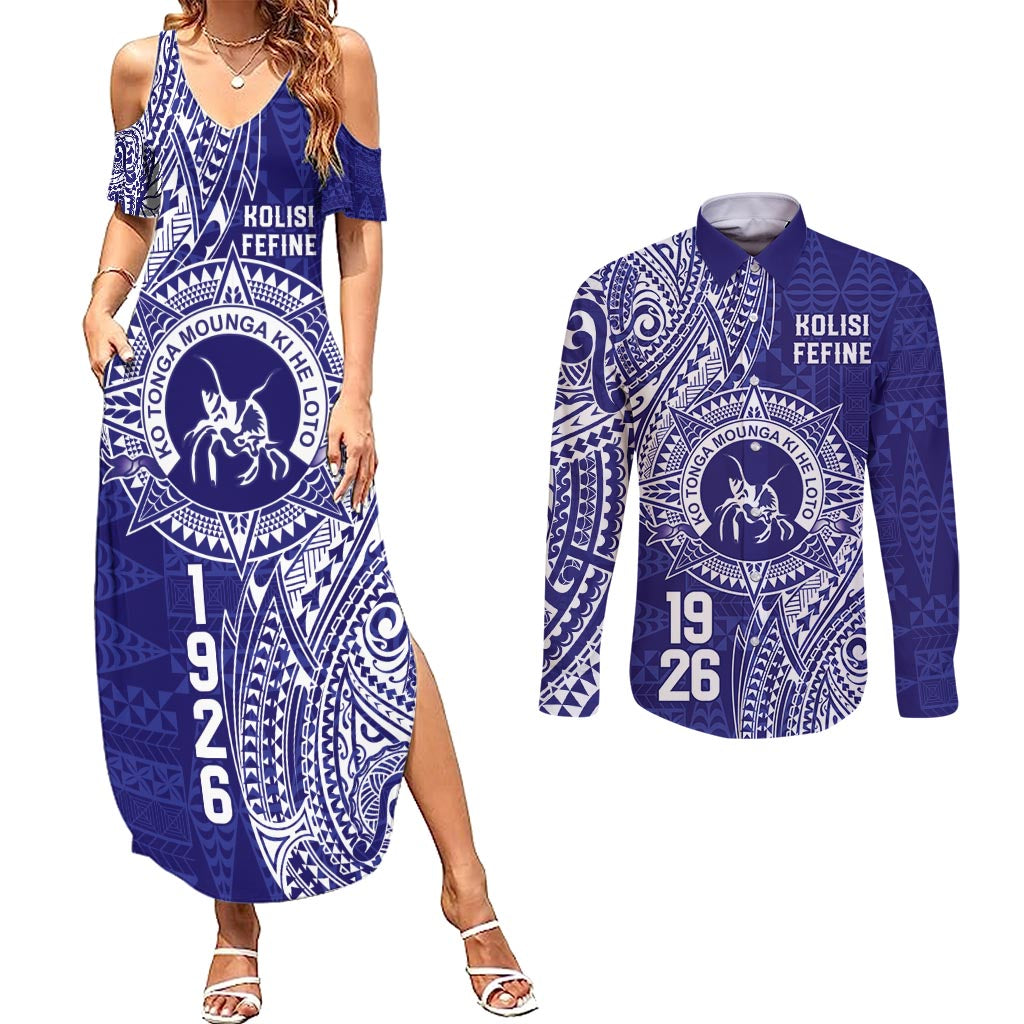 Personalised Tonga Queen Salote College Couples Matching Summer Maxi Dress and Long Sleeve Button Shirt Kolisi Fefine 1926 Special Kupesi Pattern LT9 Blue - Polynesian Pride