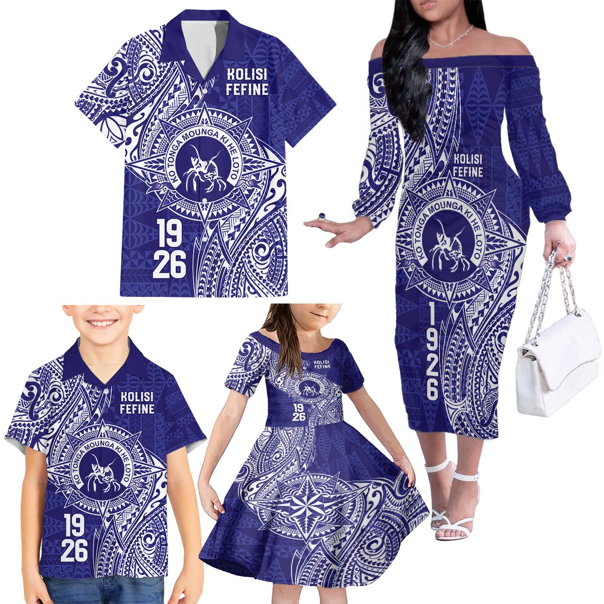 Personalised Tonga Queen Salote College Family Matching Off The Shoulder Long Sleeve Dress and Hawaiian Shirt Kolisi Fefine 1926 Special Kupesi Pattern LT9 - Polynesian Pride