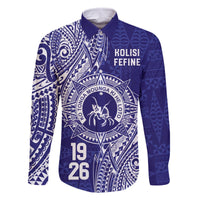 Personalised Tonga Queen Salote College Family Matching Off The Shoulder Long Sleeve Dress and Hawaiian Shirt Kolisi Fefine 1926 Special Kupesi Pattern LT9 Dad's Shirt - Long Sleeve Blue - Polynesian Pride
