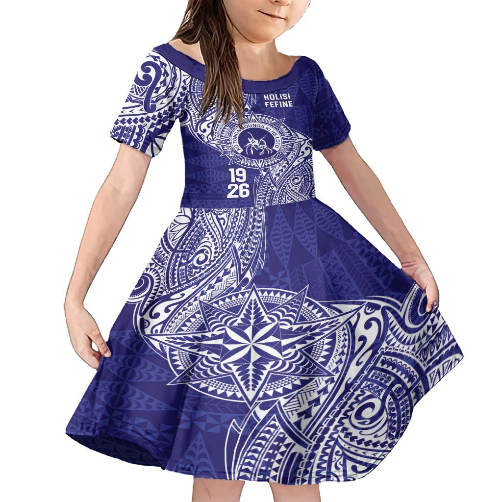 Personalised Tonga Queen Salote College Family Matching Off Shoulder Maxi Dress and Hawaiian Shirt Kolisi Fefine 1926 Special Kupesi Pattern LT9 Daughter's Dress Blue - Polynesian Pride