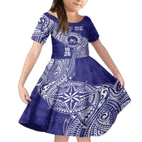 Personalised Tonga Queen Salote College Family Matching Off Shoulder Short Dress and Hawaiian Shirt Kolisi Fefine 1926 Special Kupesi Pattern LT9 Daughter's Dress Blue - Polynesian Pride