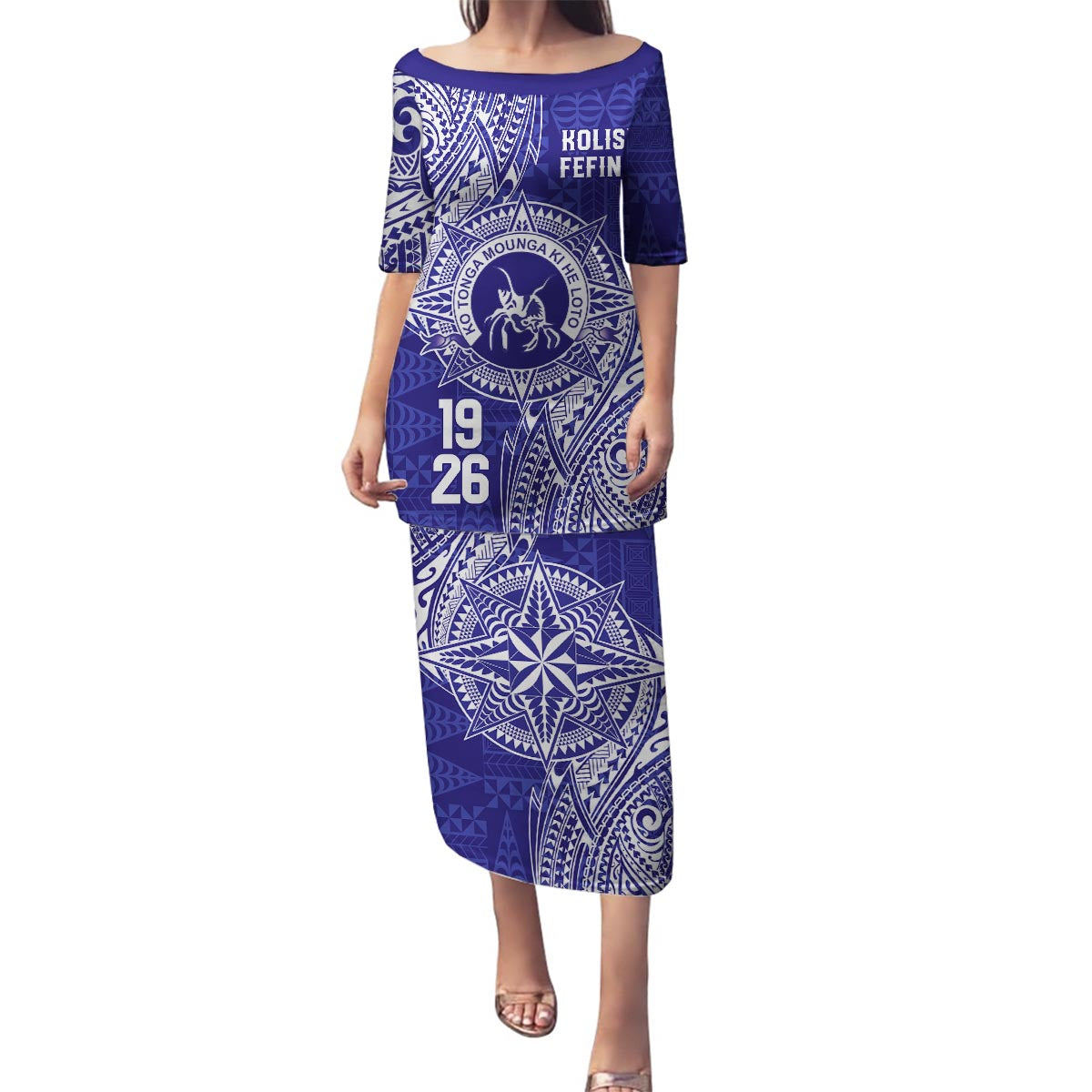 Personalised Tonga Queen Salote College Family Matching Puletasi and Hawaiian Shirt Kolisi Fefine 1926 Special Kupesi Pattern LT9 Mom's Dress Blue - Polynesian Pride