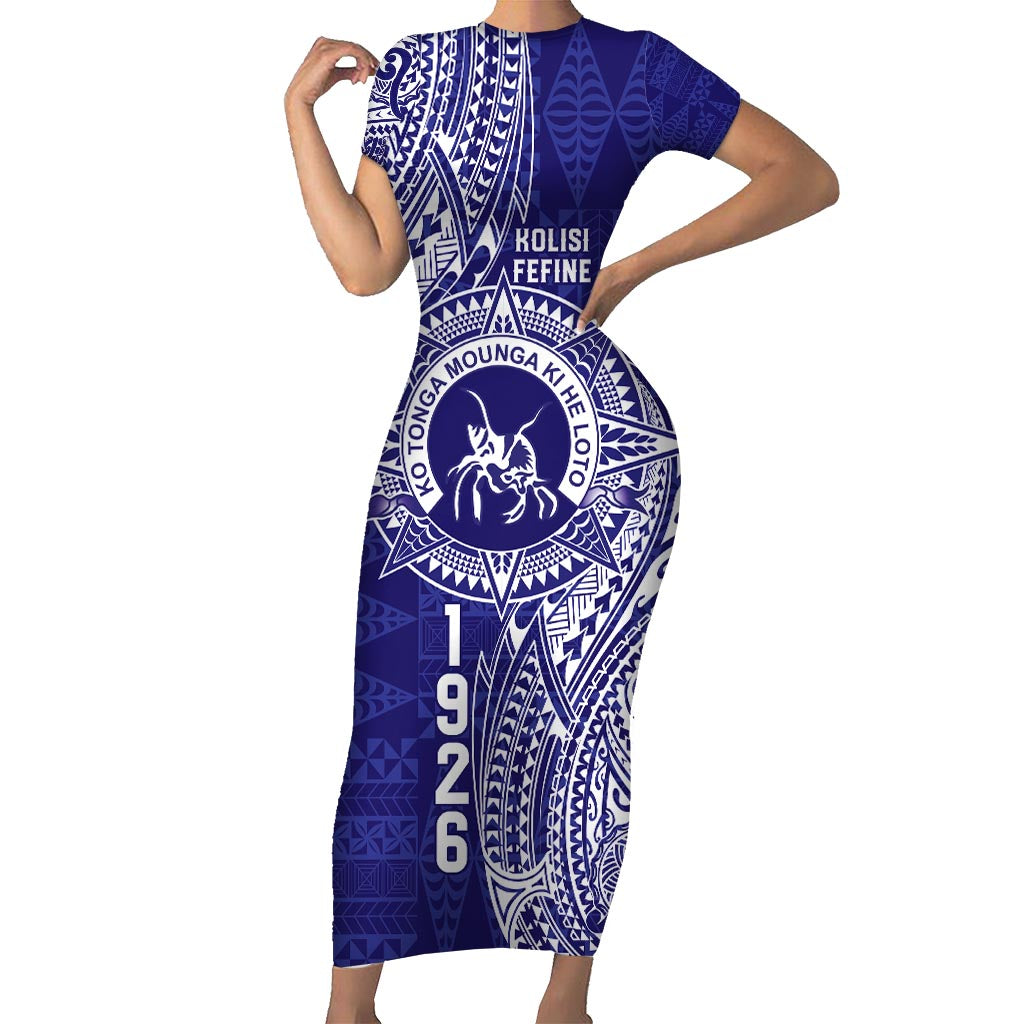 Personalised Tonga Queen Salote College Family Matching Short Sleeve Bodycon Dress and Hawaiian Shirt Kolisi Fefine 1926 Special Kupesi Pattern LT9 Mom's Dress Blue - Polynesian Pride