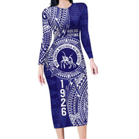 Personalised Tonga Queen Salote College Long Sleeve Bodycon Dress Kolisi Fefine 1926 Special Kupesi Pattern LT9 Long Dress Blue - Polynesian Pride