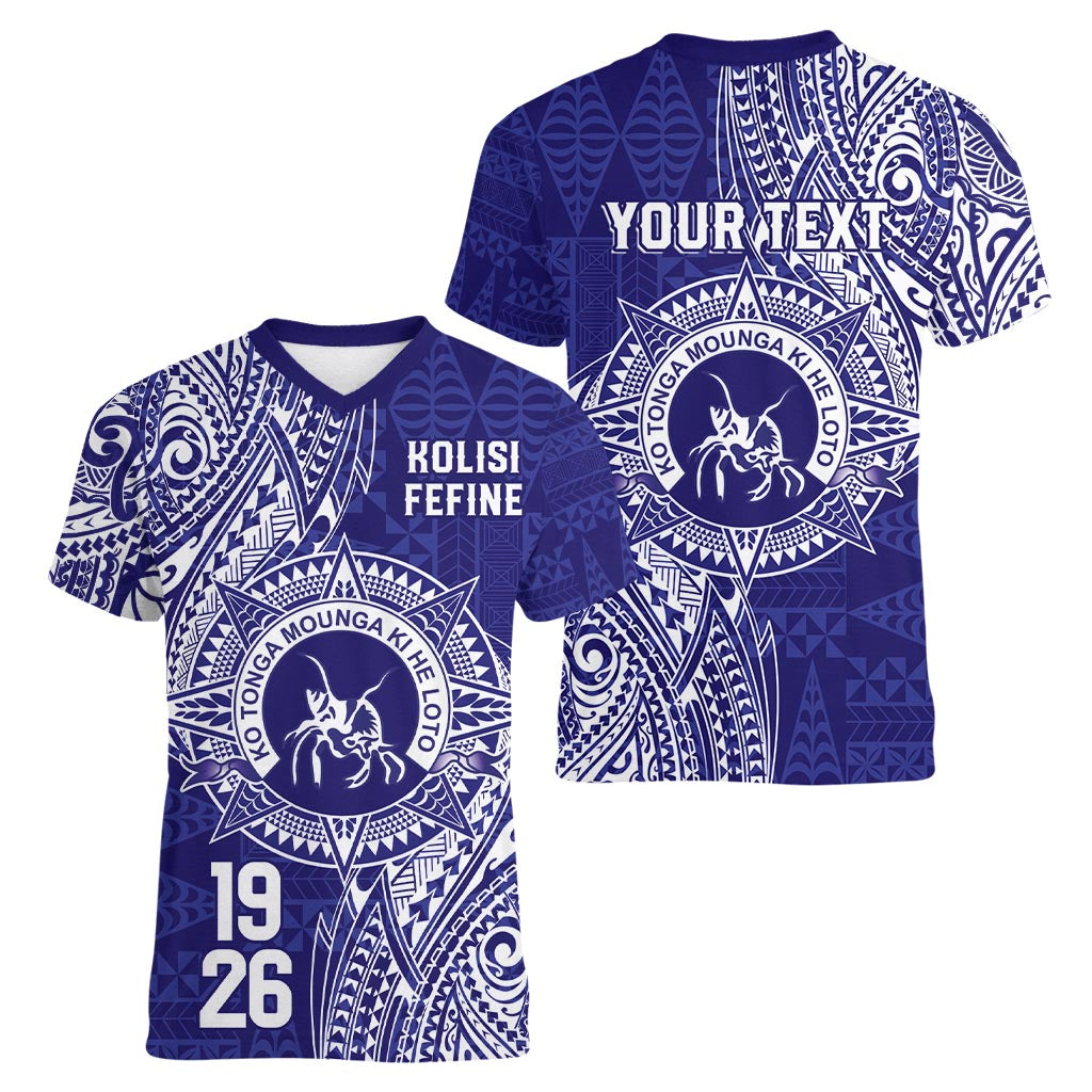 Personalised Tonga Queen Salote College Women V-Neck T-Shirt Kolisi Fefine 1926 Special Kupesi Pattern LT9 - Polynesian Pride