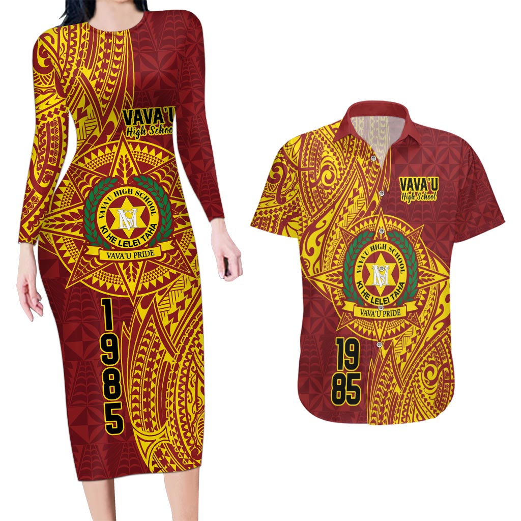 Personalised Tonga Vava'u High School Couples Matching Long Sleeve Bodycon Dress and Hawaiian Shirt Since 1985 Special Kupesi Pattern LT9 Red - Polynesian Pride