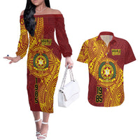 Personalised Tonga Vava'u High School Couples Matching Off The Shoulder Long Sleeve Dress and Hawaiian Shirt Since 1985 Special Kupesi Pattern LT9 Red - Polynesian Pride