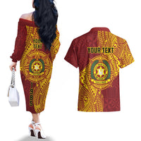 Personalised Tonga Vava'u High School Couples Matching Off The Shoulder Long Sleeve Dress and Hawaiian Shirt Since 1985 Special Kupesi Pattern LT9 - Polynesian Pride