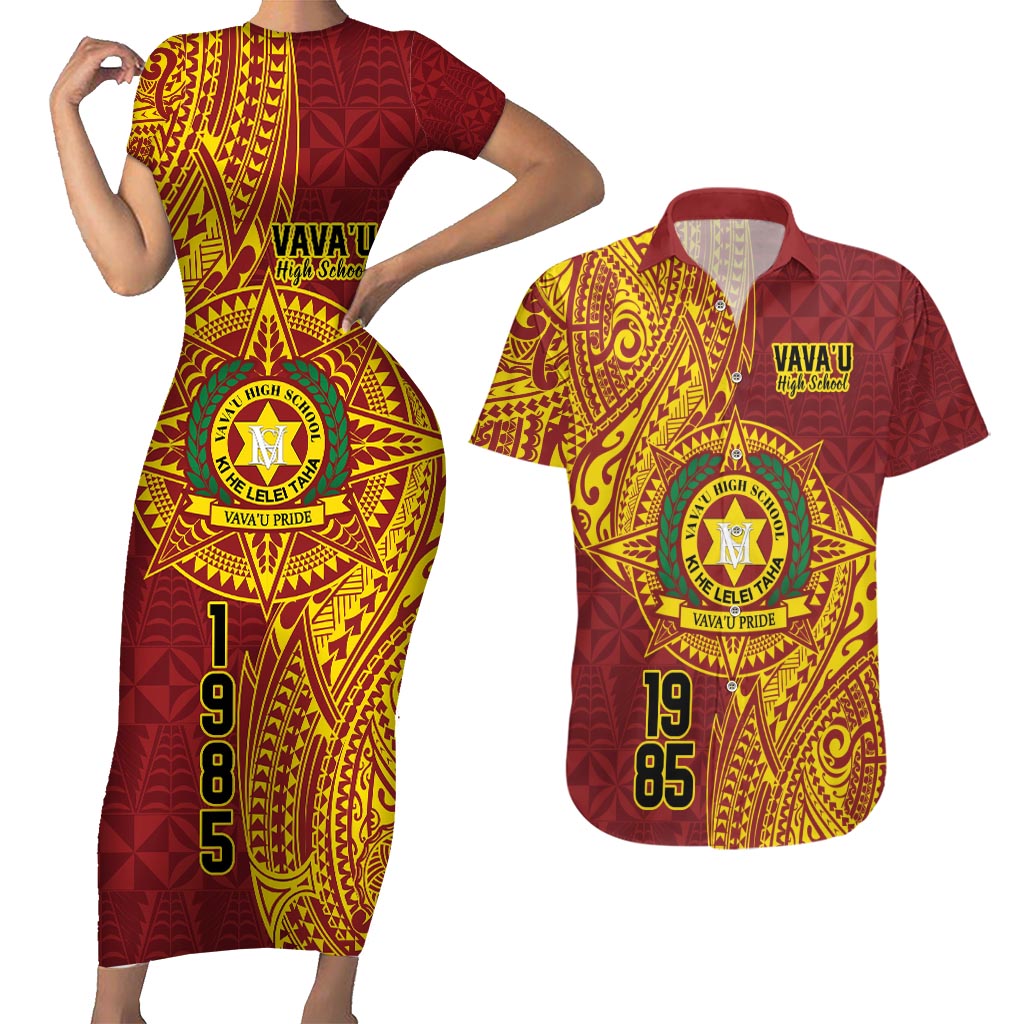 Personalised Tonga Vava'u High School Couples Matching Short Sleeve Bodycon Dress and Hawaiian Shirt Since 1985 Special Kupesi Pattern LT9 Red - Polynesian Pride