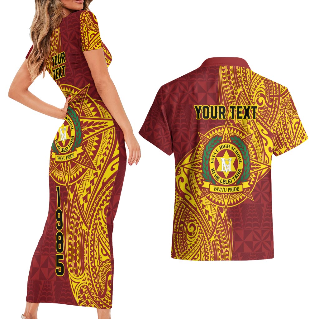 Personalised Tonga Vava'u High School Couples Matching Short Sleeve Bodycon Dress and Hawaiian Shirt Since 1985 Special Kupesi Pattern LT9 - Polynesian Pride
