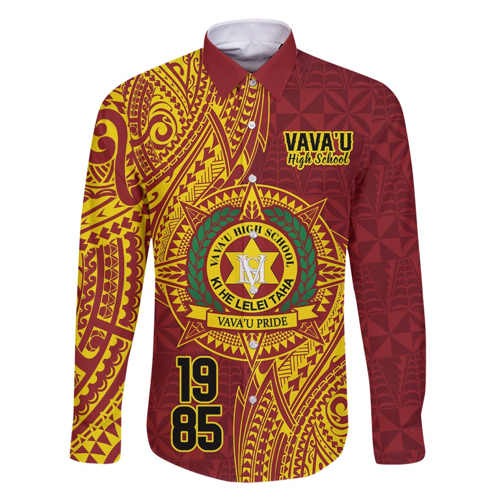 Personalised Tonga Vava'u High School Family Matching Long Sleeve Bodycon Dress and Hawaiian Shirt Since 1985 Special Kupesi Pattern LT9 Dad's Shirt - Long Sleeve Red - Polynesian Pride