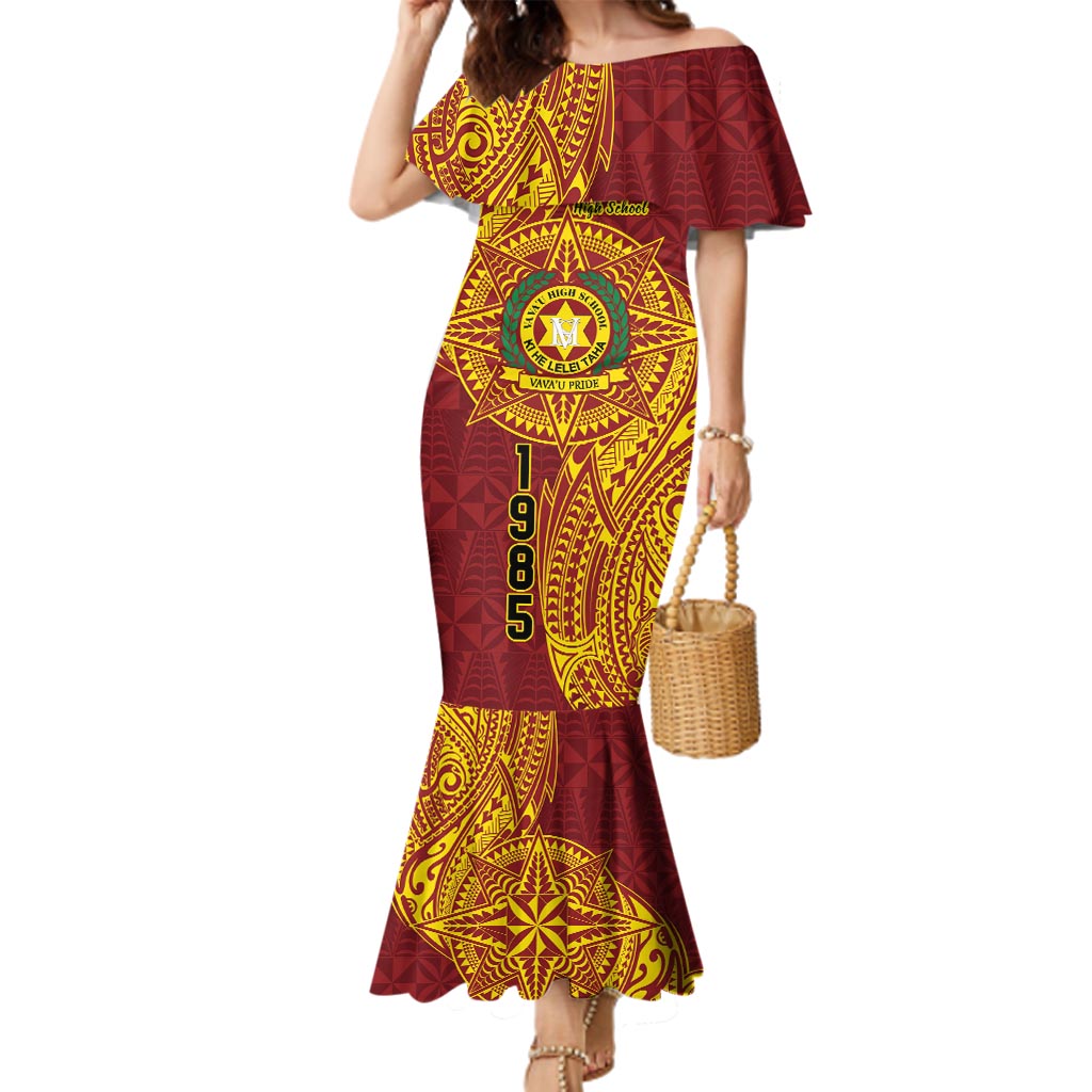 Personalised Tonga Vava'u High School Family Matching Mermaid Dress and Hawaiian Shirt Since 1985 Special Kupesi Pattern LT9 Mom's Dress Red - Polynesian Pride