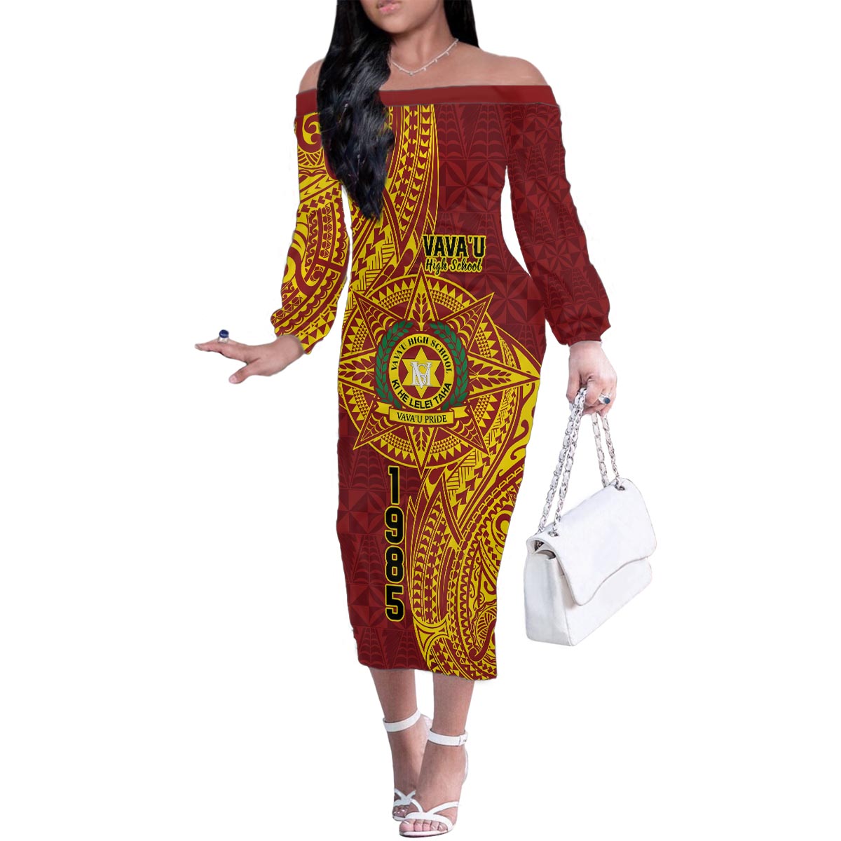 Personalised Tonga Vava'u High School Family Matching Off The Shoulder Long Sleeve Dress and Hawaiian Shirt Since 1985 Special Kupesi Pattern LT9 Mom's Dress Red - Polynesian Pride
