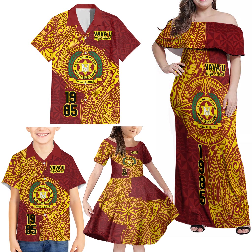Personalised Tonga Vava'u High School Family Matching Off Shoulder Maxi Dress and Hawaiian Shirt Since 1985 Special Kupesi Pattern LT9 - Polynesian Pride