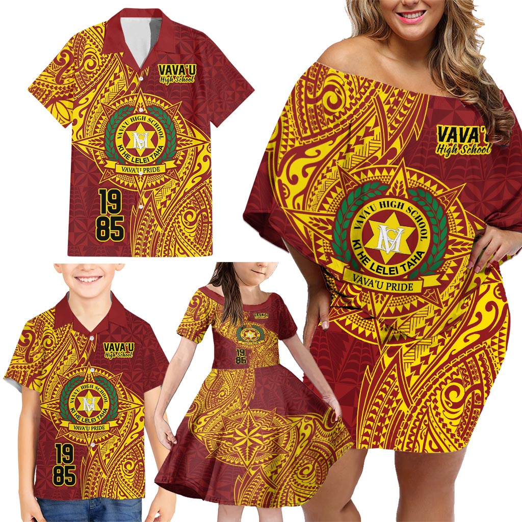Personalised Tonga Vava'u High School Family Matching Off Shoulder Short Dress and Hawaiian Shirt Since 1985 Special Kupesi Pattern LT9 - Polynesian Pride
