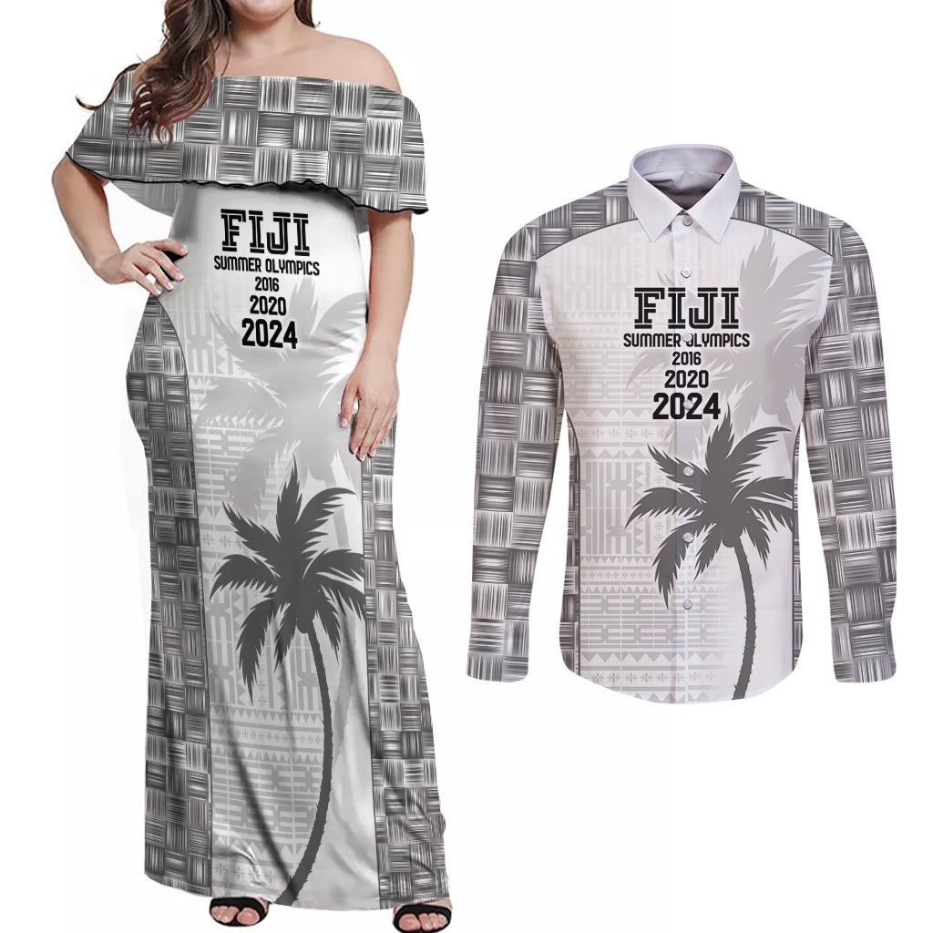 Custom Fiji Rugby Couples Matching Off Shoulder Maxi Dress and Long Sleeve Button Shirt History Champions World Cup 7s - White LT9 White - Polynesian Pride