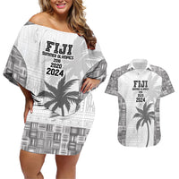 Custom Fiji Rugby Couples Matching Off Shoulder Short Dress and Hawaiian Shirt History Champions World Cup 7s - White LT9 White - Polynesian Pride